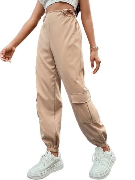 

flap pocket cut out knot side cargo pants m9py#, Black;white