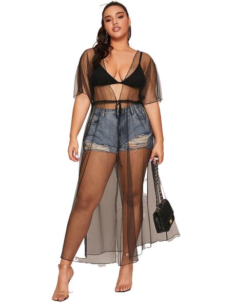 

plus drawstring waist mesh kimono u43z#, Black;gray