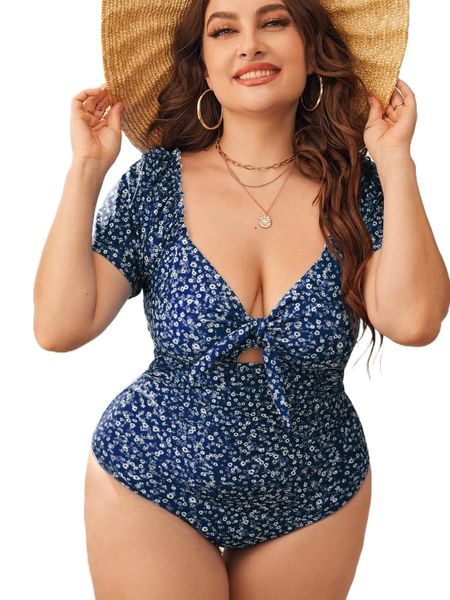

plus ditsy floral print knot front one piece swimsuit n391#, White;black