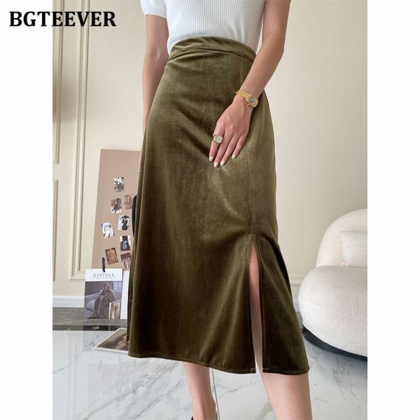

vintage chic front split velvet skirts women autumn winter elegant elastic waist female a-line skirts 2021, Black