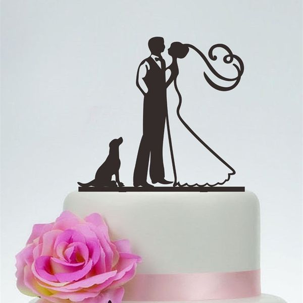 Topper personalizzato per lo sposo e la sposa in acrilico Blake con il caneTopper per cani personalizzatoCoppia Silhouette Wedding Cake Decor D220618