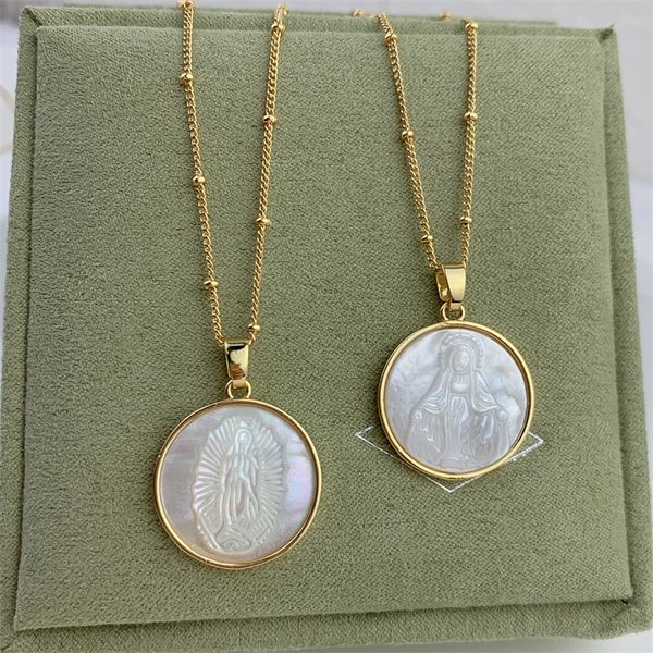 

fashion mother of pearl shell round medal guadalupe virgin mary pendants necklace for women choker necklac 2021 luxury jewelry, Silver