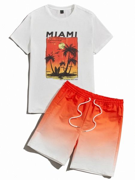 

men slogan & palm tree print tee & ombre drawstring waist shorts p1dt#, Gray