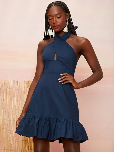 

newness halter neck criss cross backless ruffle hem dress x1hk#, Black;gray
