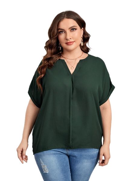 

plus notched neck batwing sleeve roll cuff blouse k6of#, Black
