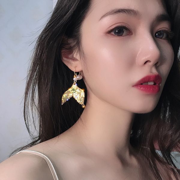 

2021 new super fairy mermaid legend colorful fishtail earrings eardrop internet celebrity minimalist frosty style earrings female fashion, Golden