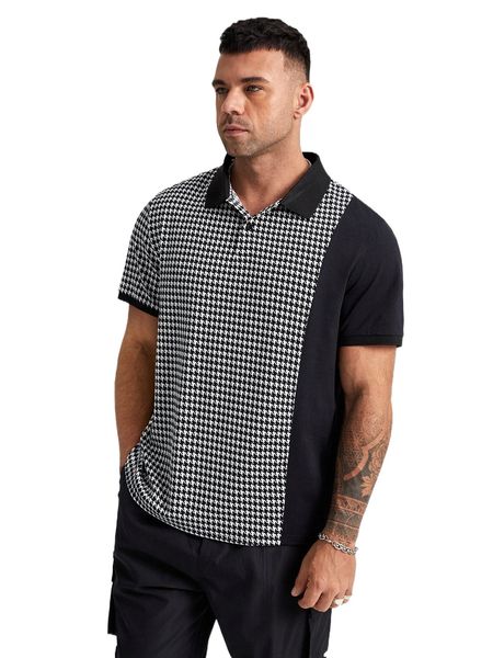 

extended sizes men houndstooth print polo shirt 06hi#, White;black