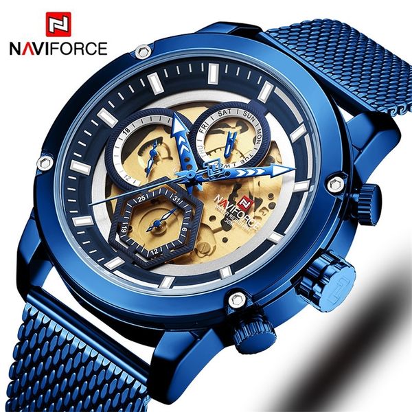 

new naviforce men watch blue skeleton dial luminous mens wrist watches luxury design quartz watch men luxury watches waterproof t200112, Slivery;brown