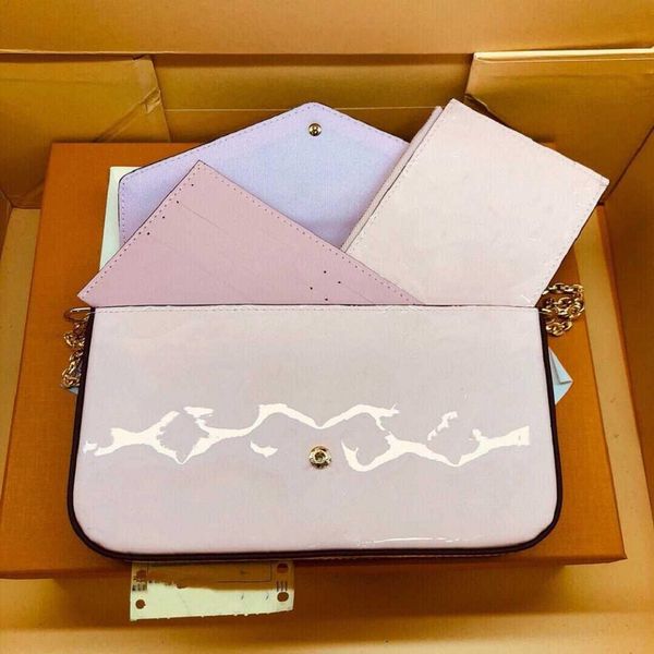 Высококачественный Felicie Pochette Designer Bag Dold Кошелек глянцевый моно, тисненный, патентный теленк Кожаный мешок, цепь, адаптируемая конверт, с размером коробки: 21x12x3см