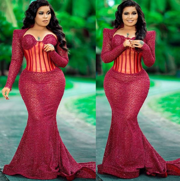 

2022 plus size arabic aso ebi burgundy mermaid sparkly prom dresses sequined lace evening formal party second reception birthday engagement, Black