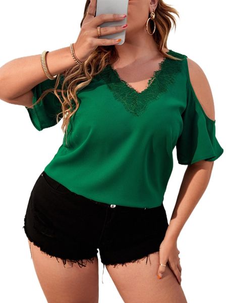 

plus contrast lace cold shoulder blouse o2pt#, Black