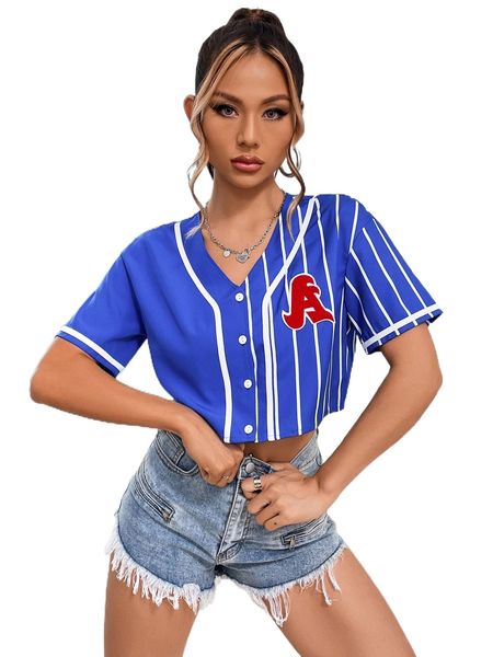 

striped print letter patch detail crop shirt z2gz#, White