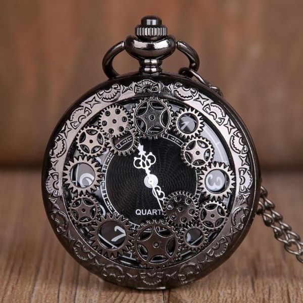 Relógios de bolso relógios antigos de cobre steampunk vintage oco com engrenagem de bronze quartzo colar pingente de relógio de relógio masculino feminino cf1036pocket