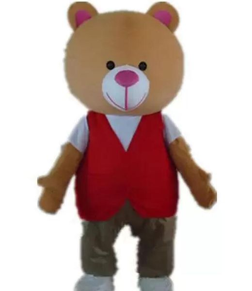 

a bear mascot costume with a white shirt and red vest for to wear, Red;yellow
