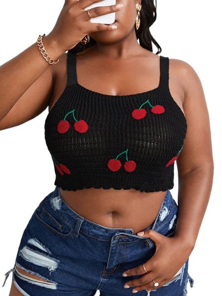 

plus cherry embroidery cami knit k4br#, Black