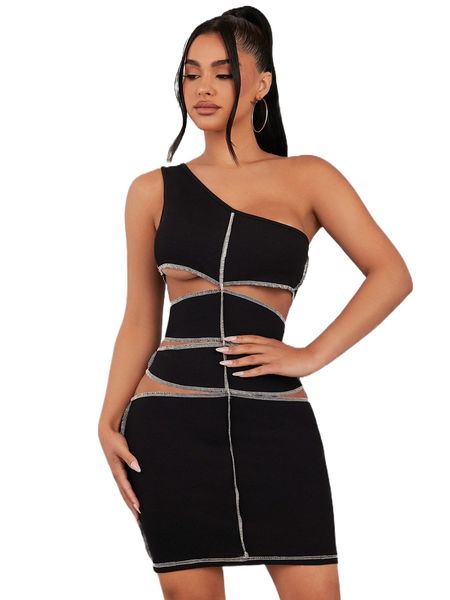 

sxy one shoulder stitching cut out bodycon dress 40ts#, Black;gray