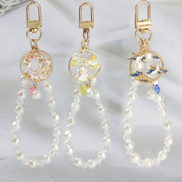 

cute pearl chain antique rabbit keychain car key ring for women jewelry accessories couple gift pendant phone charm key holder, Slivery;golden