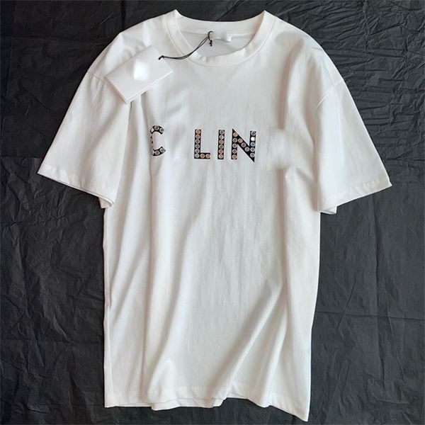 

spring and summer new female short nail bead t-shirt casual comfortable half sleeve top, White