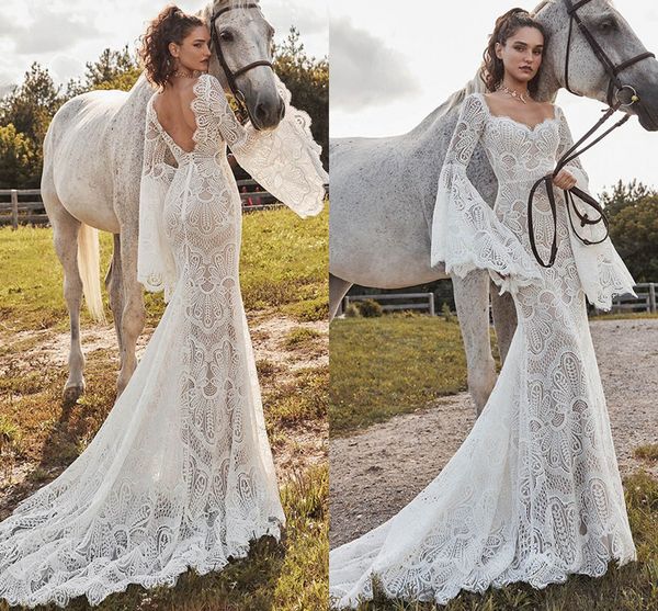

vestido boheme mermaid boho wedding dress long flare sleeve backless v neck lace beach country bridal gown vestido de noiva, White