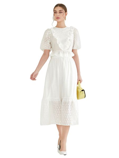 

eyelet embroidery puff sleeve peplum & ruffle hem skirt y5gb#, White