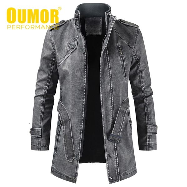 

oumor men winter brand long thick fleece leather jacket coat men outwear fashion warm casual vintage faux leather jacket men 201127, Black