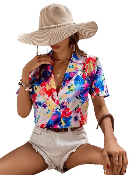 

floral print lapel neck blouse c14i#, White