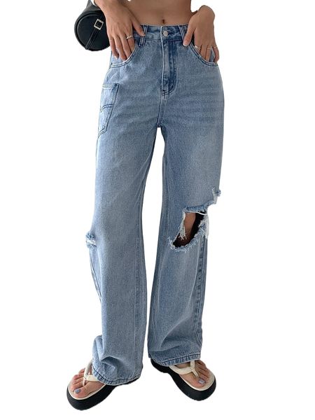 

dazy cut out ripped frayed wide leg jeans h9th#, Blue