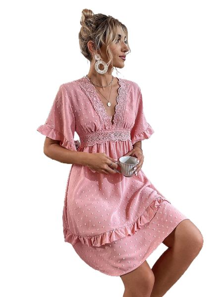 

ruffle trim guipure lace panel swiss dot dress b7zm#, Black;gray