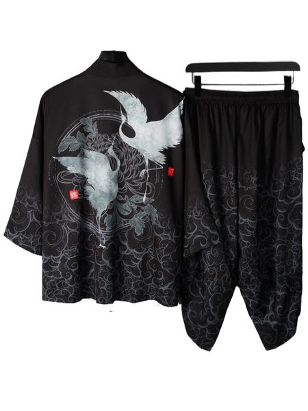 

men crane print kimono & pants without tee b82l#, Gray