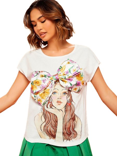 

1pc floral bow front figure graphic batwing sleeve tee i2ub#, White