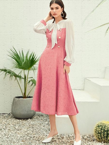 

colorblock tie neck dress e5qk#, Black;gray