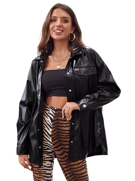 

drop shoulder button up pu leather coat r9oj#, Black