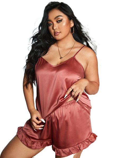 

plus solid ruffle hem satin cami pajama set 42ed#, Black;white