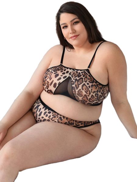 

plus leopard print mesh insert wireless lingerie set o4lz#, Black;white