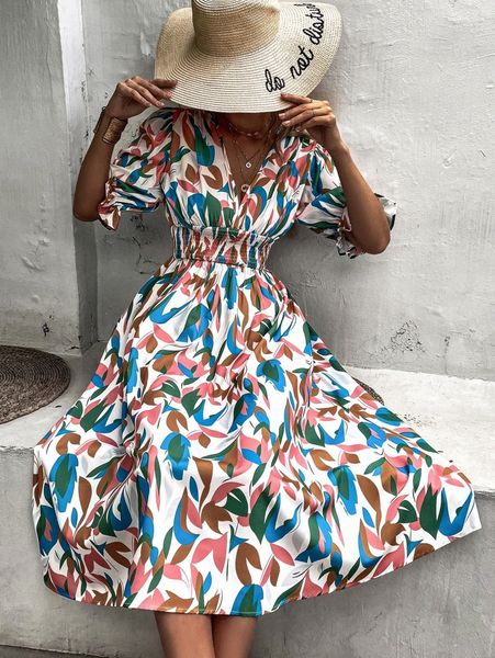 

leaf print shirred waist a-line dress b9ma#, Black;gray
