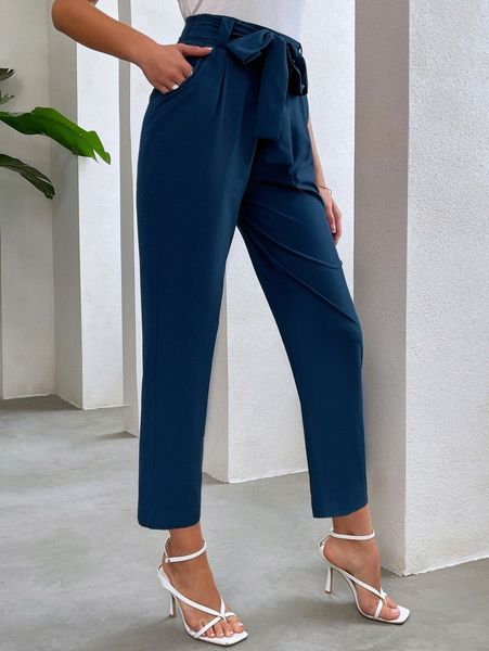 

high waist knot front pants a6nl#, Black;white