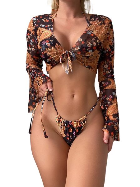 

floral & paisley halter triangle bikini swimsuit with kimono k4jm#, White;black