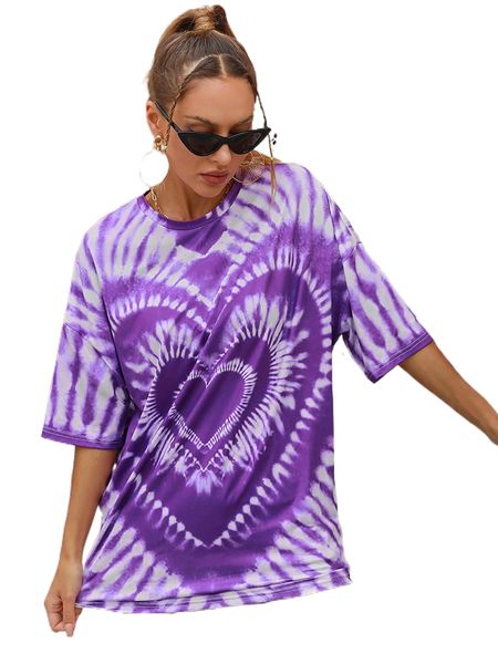 

heart print tie dye drop shoulder tee h1x9#, White