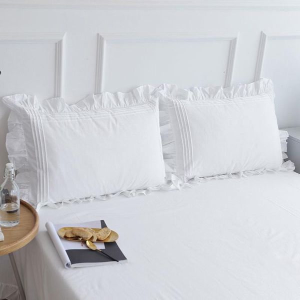 Federa per cuscino Super vendita Federa bianca 100% cotone Biancheria da letto per la casa Cuscini Copricuscini Pizzicato Ruffle Design Federe stile principessa