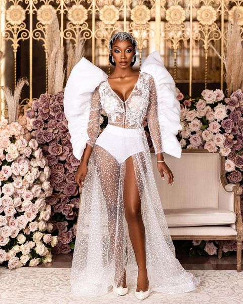 

white mermaid prom dress v neck sequins beads appliques long sleeve high waist high side split bow tie elegant applique party dress sweep tr, Black