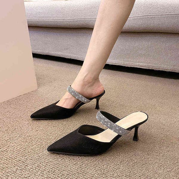 

rhinestone ladies slippers 2022 new summer pointed toe thin heels high heels shoes slippers women 6.5cm slides party shoes, Black
