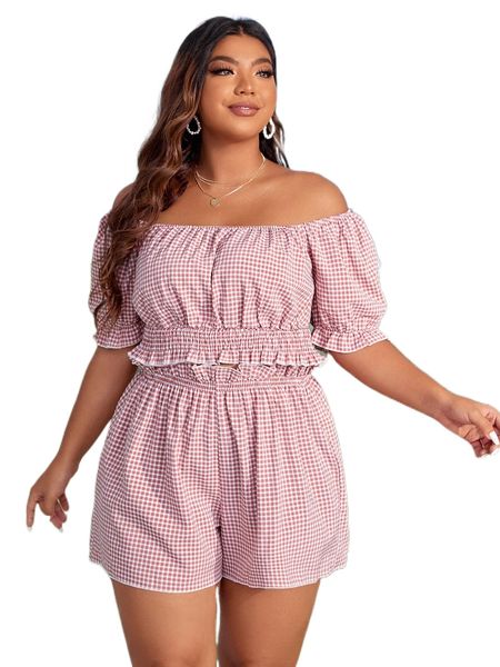 

plus gingham off shoulder shirred crop & paperbag waist shorts t2pv#, Black