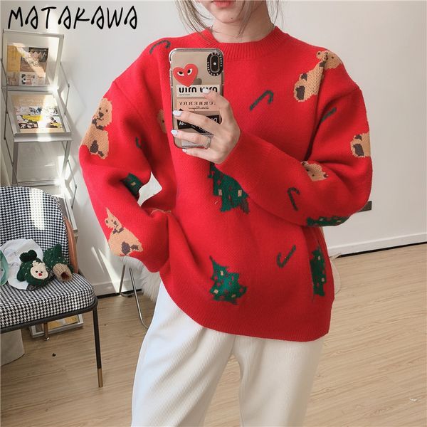 

cartoon print christmas sweater women red oneck pullover loose korean cute jacquard woman sweaters 210506, White;black
