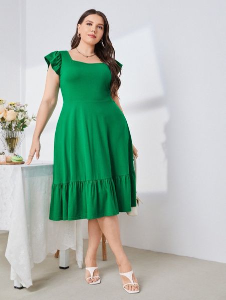 

plus butterfly sleeve sweetheart neck ruffle hem dress d4ny#, Black