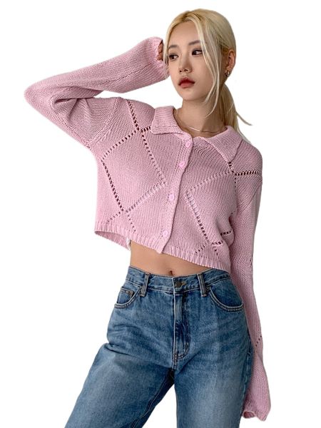 

dazy pointelle knit single breasted drop shoulder crop cardigan v5sr#, White;black