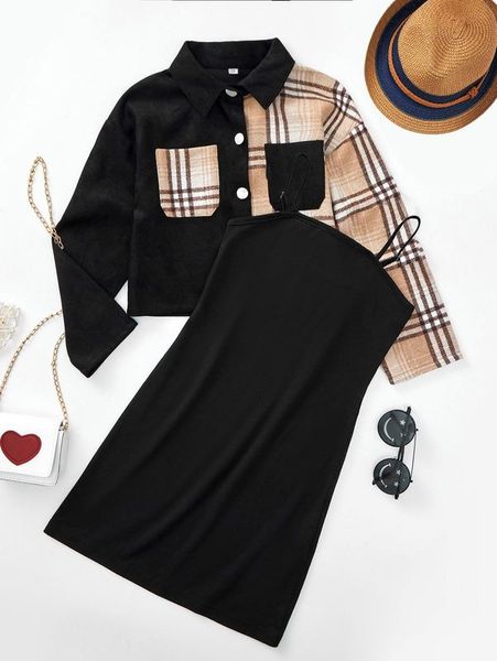 

girls solid cami dress & plaid print coat she, White