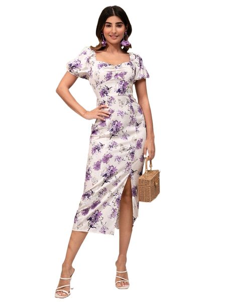 

modely floral print ruched split hem dress i5lh#, Black;gray