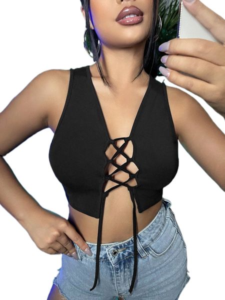 

sxy lace up front crop tank a3t4#, White