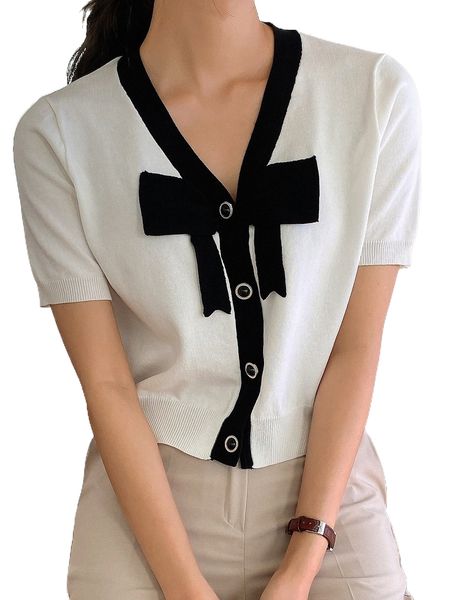 

dazy contrast trim bow front knit d47r#, White;black