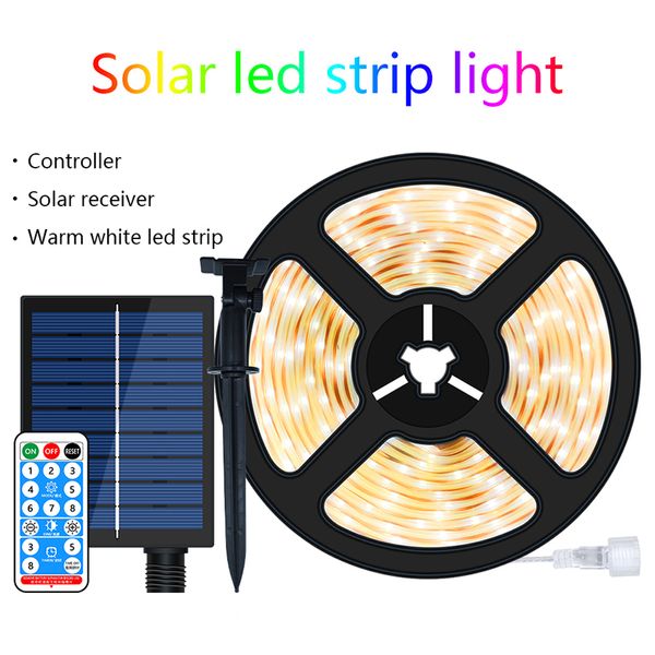 Luz de tira de LED solar solar de varejo 5m 280LED 8 MODO FLORY IMPRESSO IMPRESSO IMPRESSO CRADE DE LED para Camping Essentials